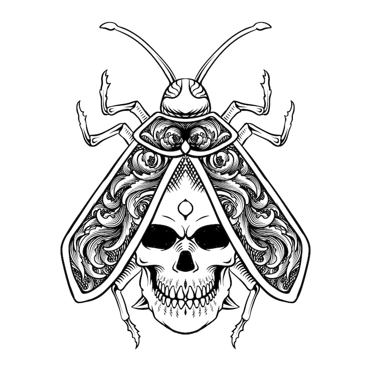 Vector diseño de tatuaje calavera escarabajo rojo arte lineal estilo de grabado