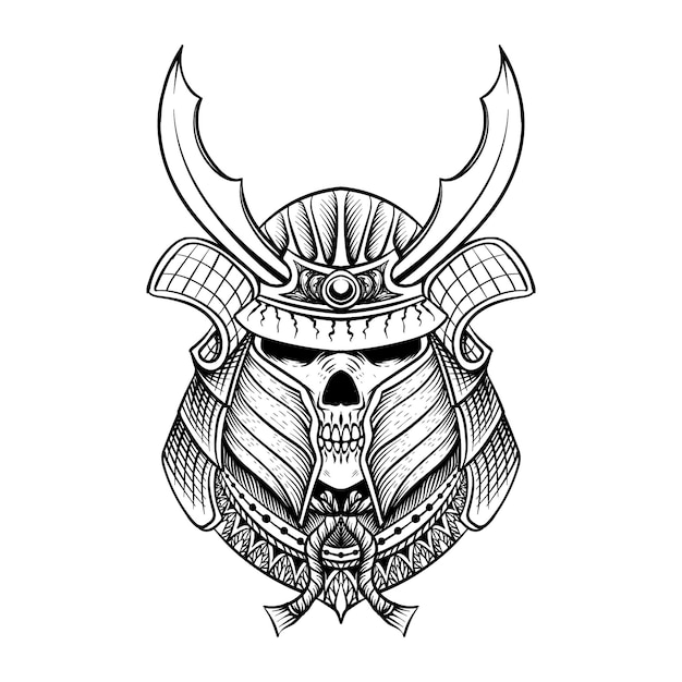 diseño de tatuaje calaveras samurai arte lineal en blanco y negro