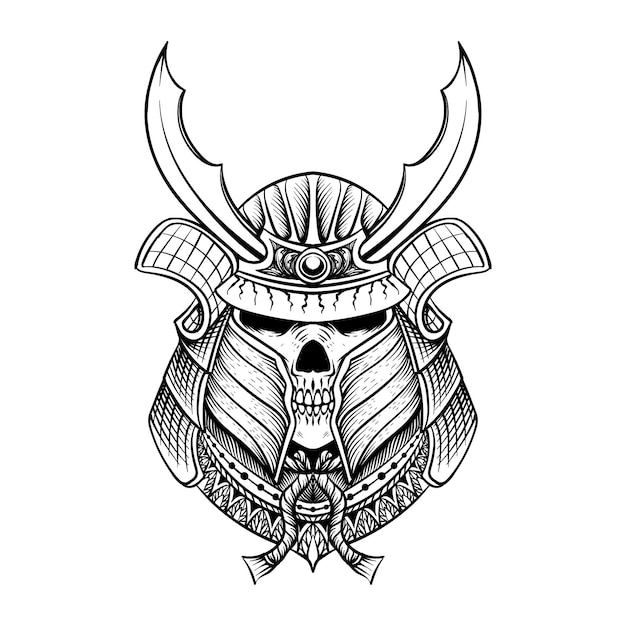 Vector diseño de tatuaje calaveras samurai arte lineal en blanco y negro