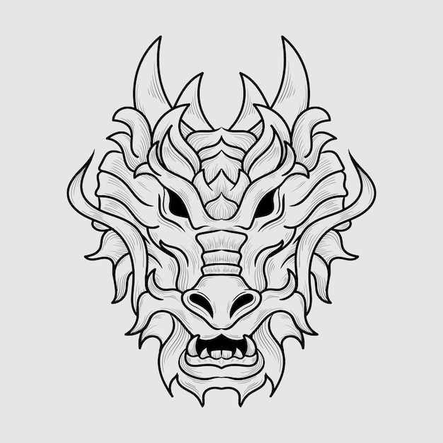diseño de tatuaje y camiseta adorno de grabado de cabeza de dragón dibujado a mano en blanco y negro