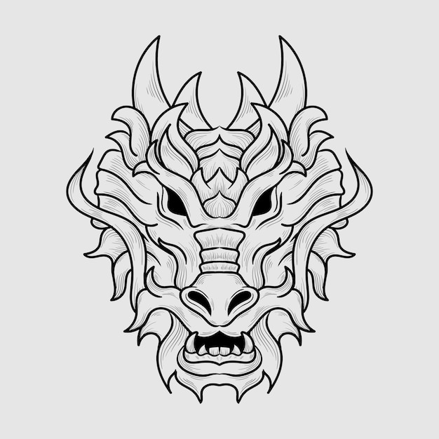 Vector diseño de tatuaje y camiseta adorno de grabado de cabeza de dragón dibujado a mano en blanco y negro