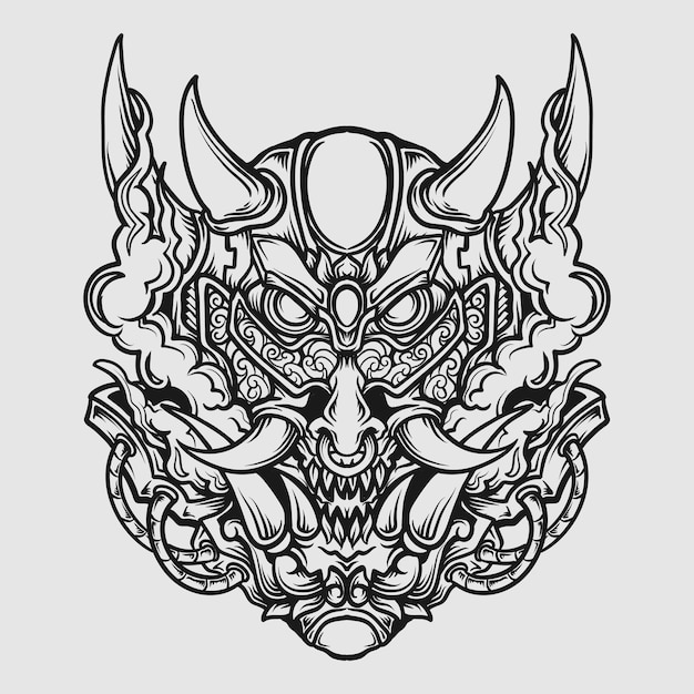 diseño de tatuaje y camiseta adorno de grabado de máscara oni dibujado a mano en blanco y negro