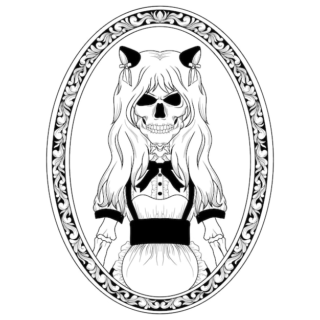 Diseño de tatuaje y camiseta adorno de grabado de mucama esqueleto dibujado a mano en blanco y negro