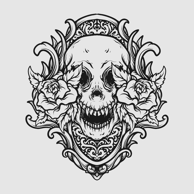 Diseño de tatuaje y camiseta blanco y negro dibujado a mano cráneo y adorno grabado de rosa