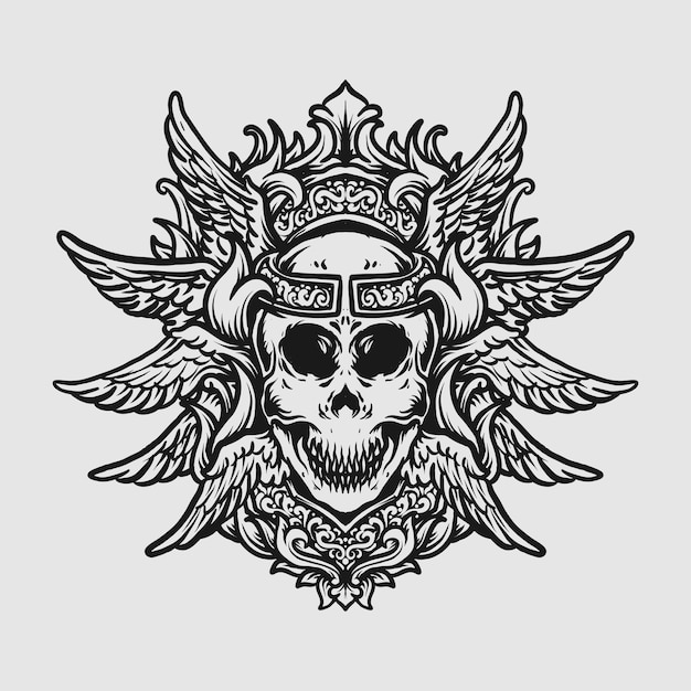 diseño de tatuaje y camiseta blanco y negro dibujado a mano cráneo y ala de ángel grabado ornamento