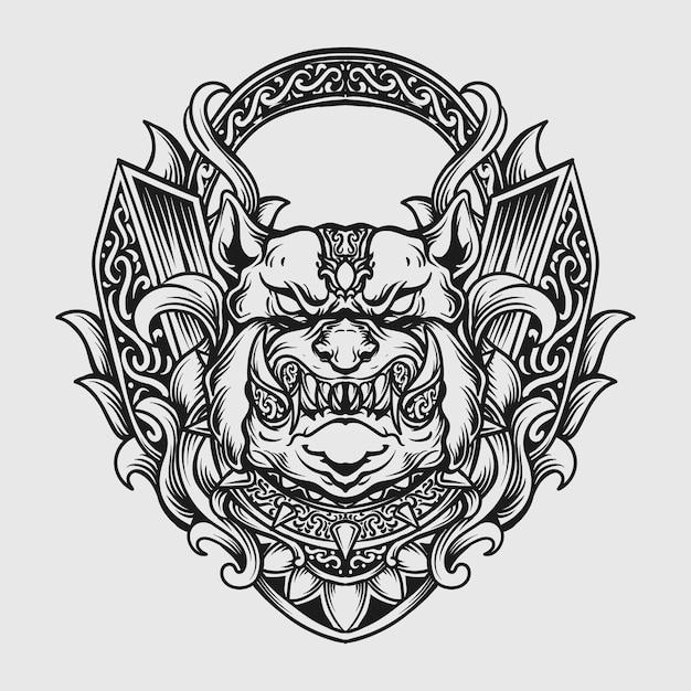 Diseño de tatuaje y camiseta bulldog dibujado a mano en blanco y negro