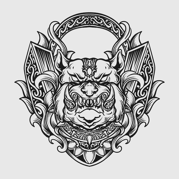 Diseño de tatuaje y camiseta bulldog dibujado a mano en blanco y negro