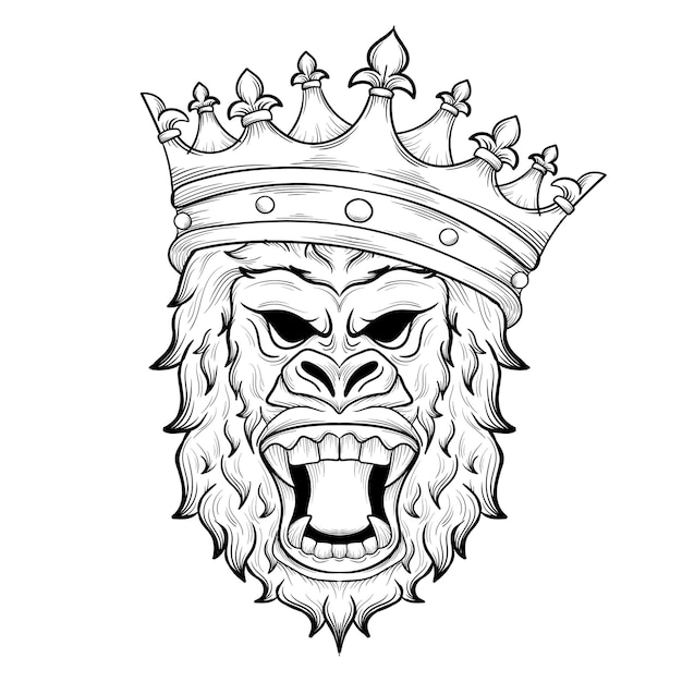 Diseño de tatuaje y camiseta cabeza de gorila dibujada a mano en blanco y negro con corona