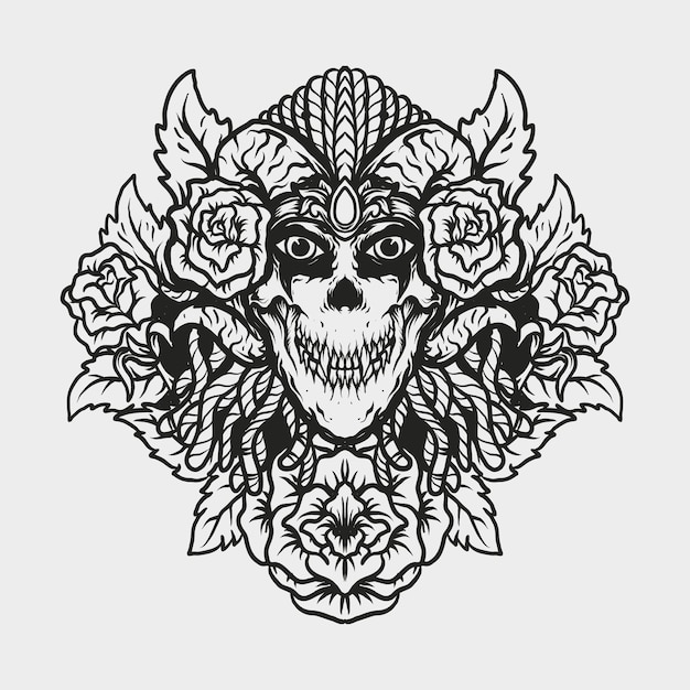 Diseño de tatuaje y camiseta diablo calavera y adorno grabado de rosa