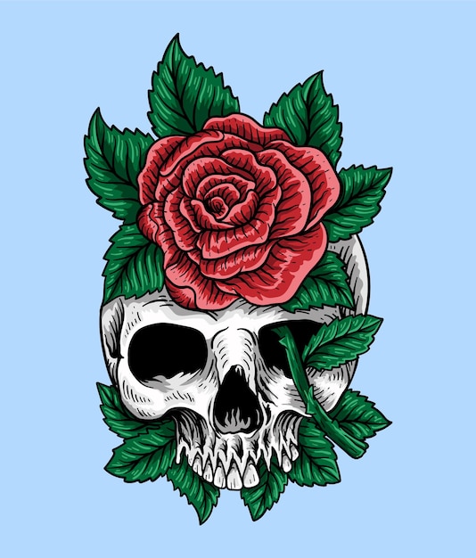 Diseño de tatuaje y camiseta dibujado a mano calavera y rosas