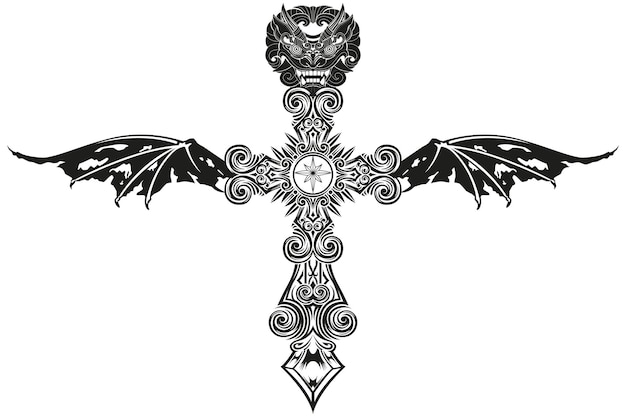 Vector diseño de tatuaje y camiseta dibujo a mano en blanco y negro santa cruz máscara de cabeza de diablo con alas vector