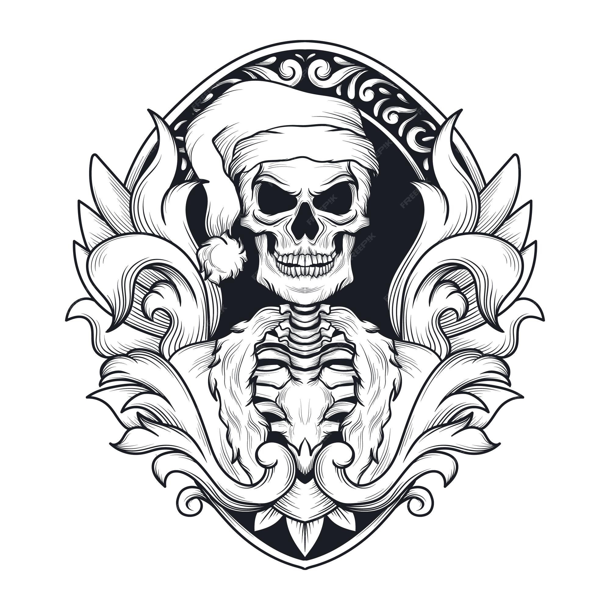 Diseño de tatuaje y camiseta esqueleto dibujado a mano en blanco y negro  con adorno de grabado de traje de santa | Vector Premium