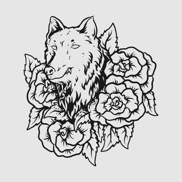 diseño de tatuaje y camiseta lobo blanco y negro dibujado a mano con rosa