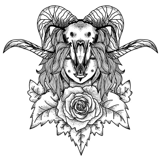 diseño de tatuaje y camiseta de mujer con animal skul y rose premium