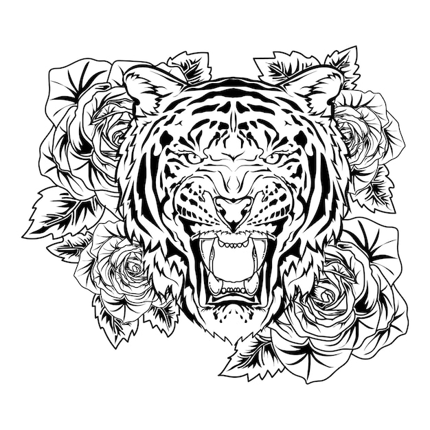 Diseño de tatuaje y camiseta tigre con rosa dibujado a mano vector premium en blanco y negro