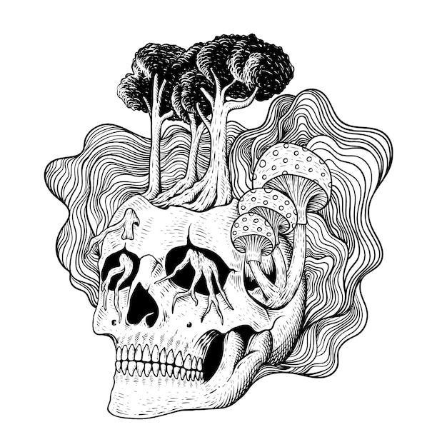 diseño de tatuaje cráneo dibujado a mano con línea de arte de setas en blanco y negro