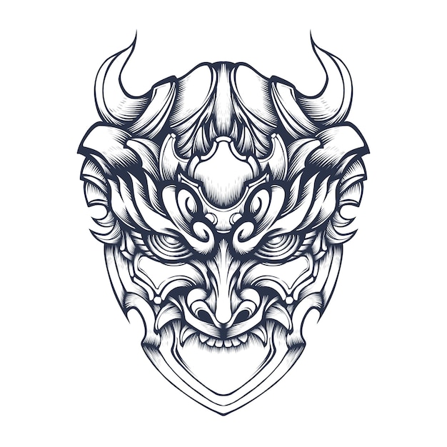 Diseño de tatuaje de máscara oni aislado en blanco