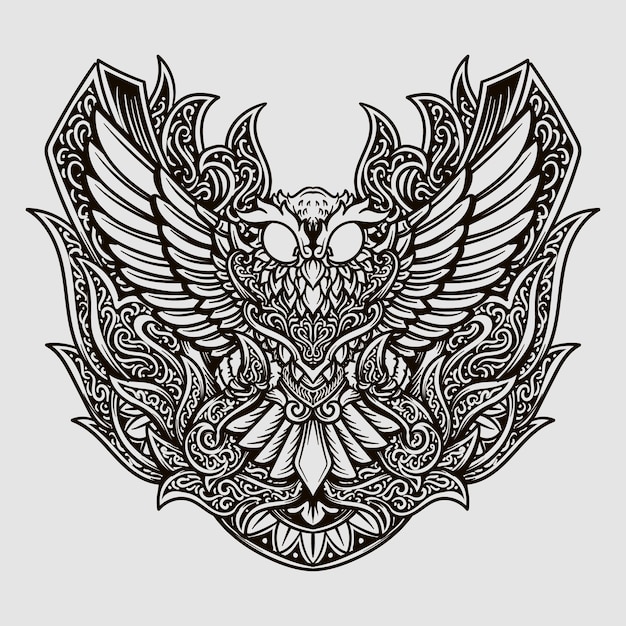 Vector diseño de tatuaje ornamento de grabado de búho dibujado a mano en blanco y negro