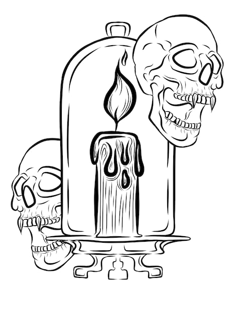 Diseño de tatuaje vectorial de arte de línea de velas y calaveras