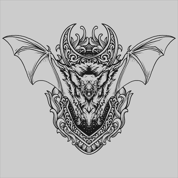 diseño de tatuajes y camisetas en blanco y negro dibujado a mano adorno de grabado de murciélago