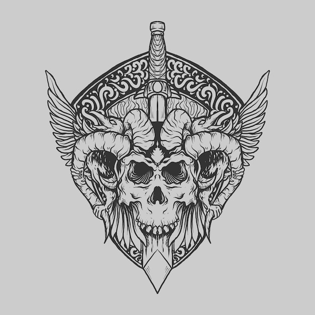 Diseño de tatuajes y camisetas en blanco y negro dibujado a mano calavera de diablo con espada cuervo grabado ornamento