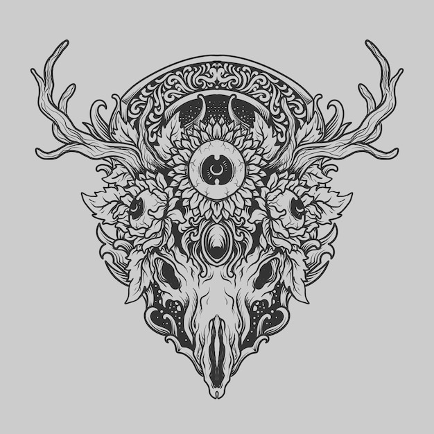 Diseño de tatuajes y camisetas en blanco y negro dibujado a mano cráneo de venado y adorno de grabado de ojo de girasol