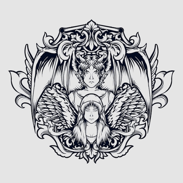 Diseño de tatuajes y camisetas en blanco y negro dibujado a mano diablo y ángel grabado adorno