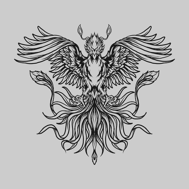 diseño de tatuajes y camisetas en blanco y negro dibujado a mano phoenix