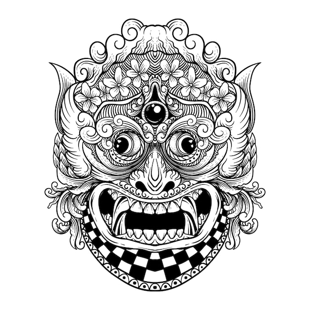 Diseño de tatuajes y camisetas en blanco y negro dibujado a mano rangda barong bali vector premium