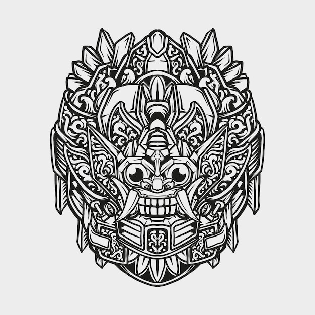 diseño de tatuajes y camisetas en blanco y negro dibujado a mano robot barong grabado adorno