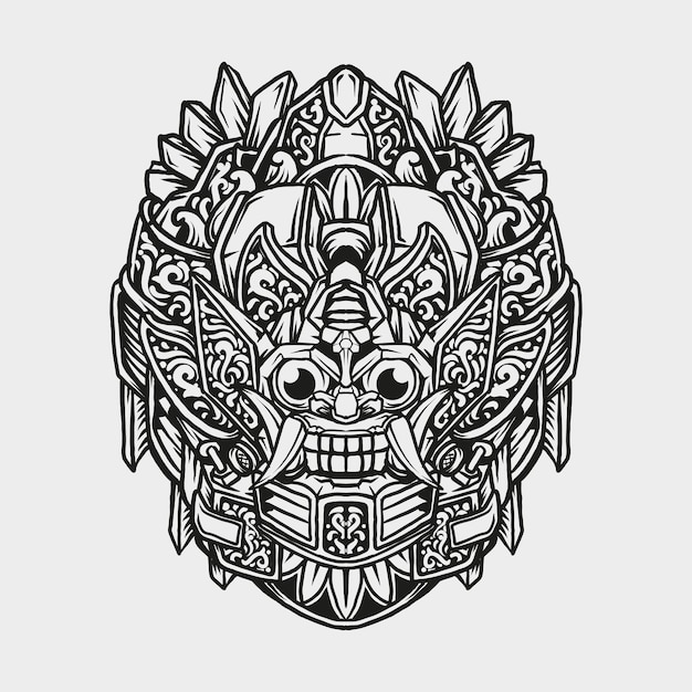 Diseño de tatuajes y camisetas en blanco y negro dibujado a mano robot barong grabado adorno