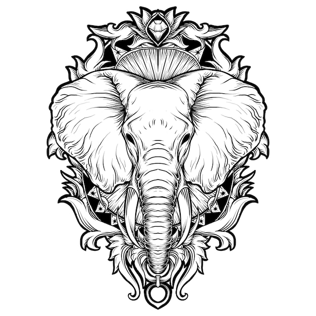 diseño de tatuajes y camisetas en blanco y negro ilustración dibujada a mano elefante grabado ornamento