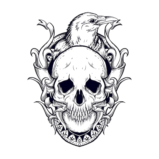 diseño de tatuajes y camisetas en blanco y negro ilustración dibujada a mano grabado de calavera y cuervo