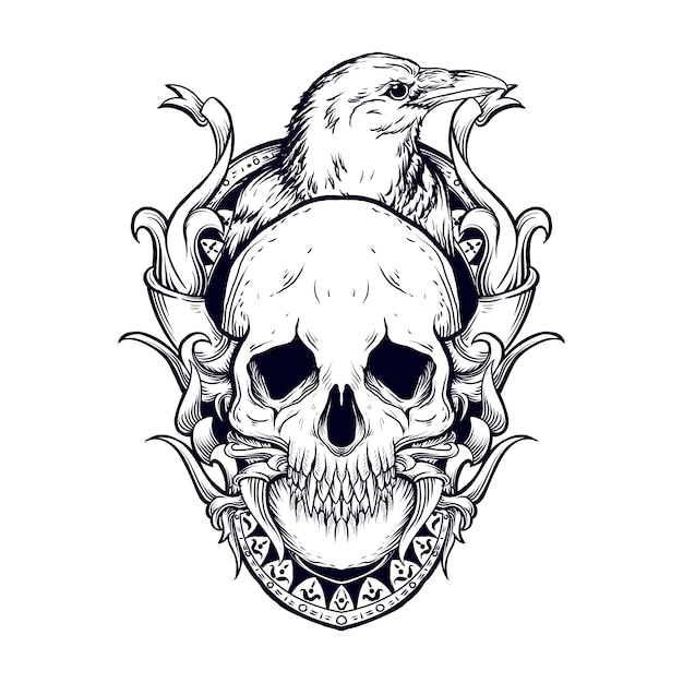 Diseño de tatuajes y camisetas en blanco y negro ilustración dibujada a mano grabado de calavera y cuervo