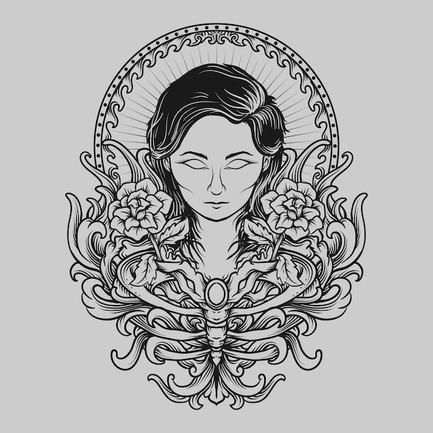 Diseño de tatuajes y camisetas en blanco y negro mujeres dibujadas a mano y adornos de grabado de rosas