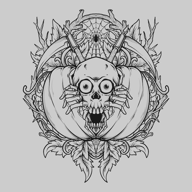 Diseño de tatuajes y camisetas calavera dibujada a mano en blanco y negro en calabaza halloween