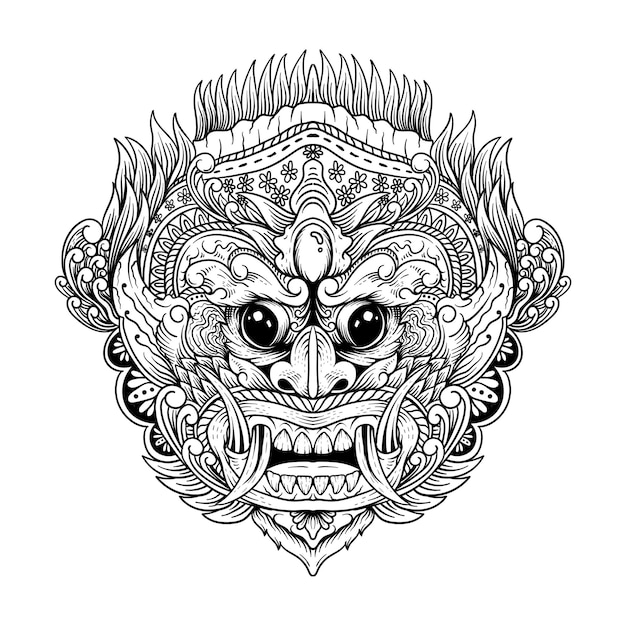 diseño de tatuajes y camisetas rangda bali ilustración de arte lineal en blanco y negro