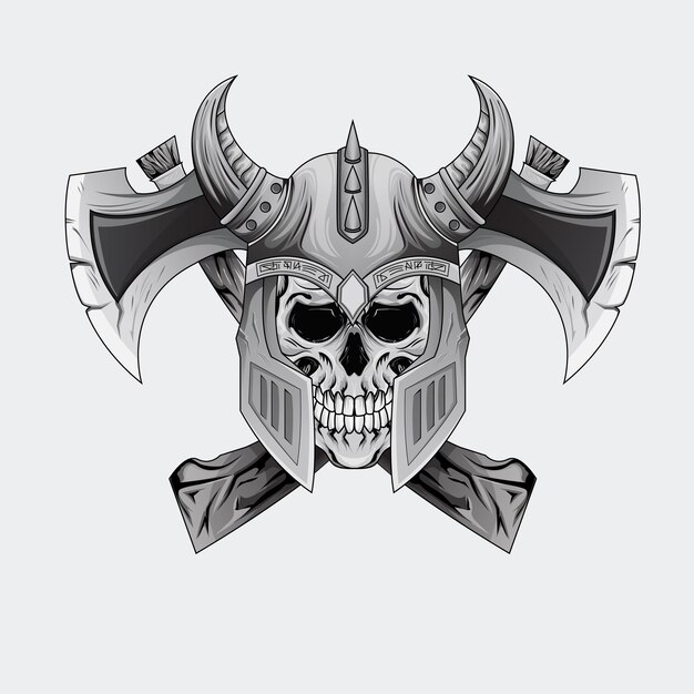 Diseño de tatuajes Ilustración en blanco y negro cráneo de guerrero vikingo con hacha cruzada