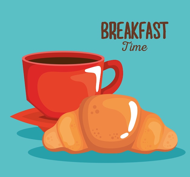 Vector diseño de taza de café y croissant de desayuno, comida y tema fresco.