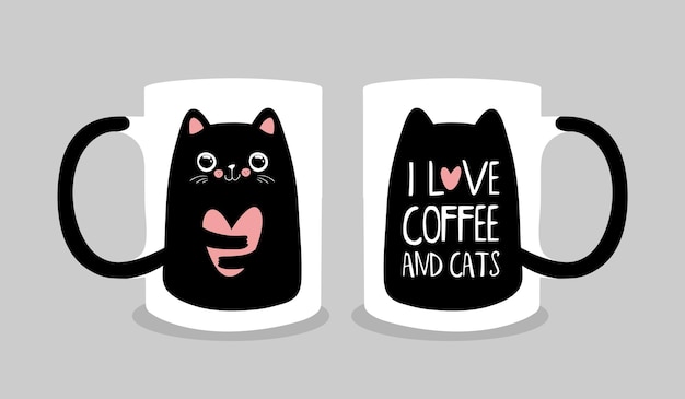 Diseño de taza de café con lindo gato negro. Estilo kawaii. Ilustración de vector de moda EPS10