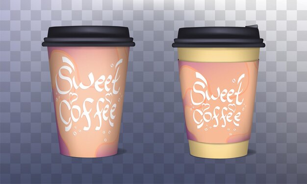 Diseño de una taza de café en tonos de melocotón con la inscripción café dulce Maqueta de taza realista en 3D