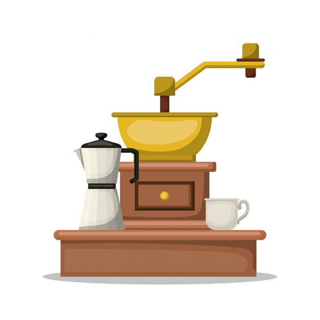 Diseño de taza y hervidor de molinillo de café, bebida desayuno bebida panadería restaurante y tienda tema ilustración vectorial