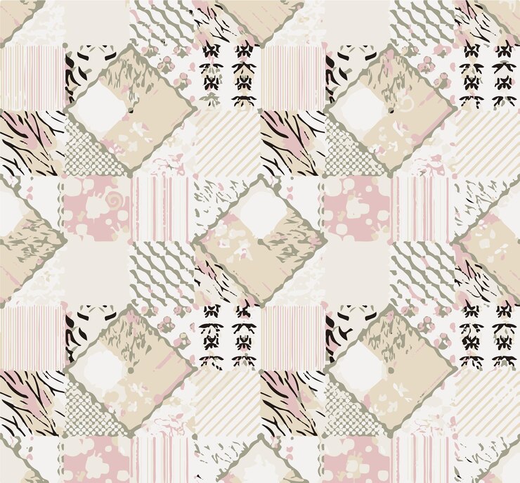 Diseño de tela de colcha de patchwork con cuadrados geométricos y texturas mixtas