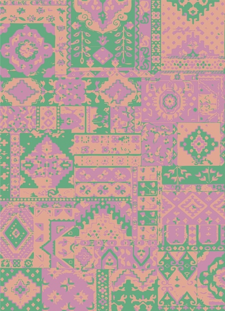 Diseño textil de patchwork colorido con motivos geométricos y florales