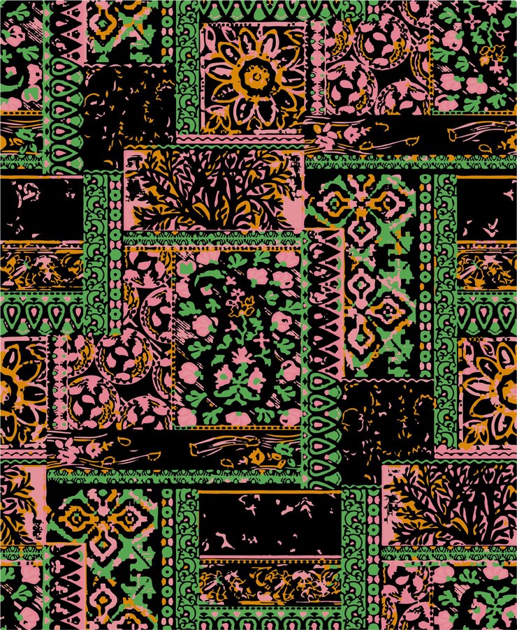 Diseño textil de patchwork colorido con paisley floral y motivos geométricos