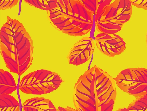 Diseño Textil de Verano. Fondo de pantalla de peonía de primavera repetido. Colección de patrones de hojas de rosas inglesas pintadas. Patrón sin costuras con hojas de rosas amarillas y rojas de azafrán. Fondo romántico del vector botánico.