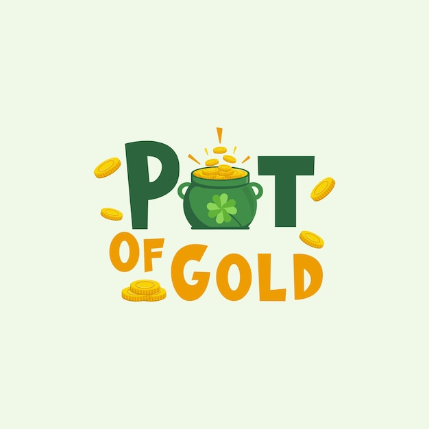Diseño de texto plano marca de palabra tipografía olla de oro día de San Patricio tesoro con monedas festivos de oro