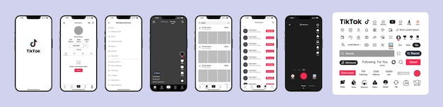 Diseño de Tik Tok Establezca la pantalla de Tik Tok plantilla de interfaz de redes sociales y redes sociales Recomendaciones de la página de inicio Suscripciones Marco de fotos de Tik Tok Historias gustado flujo Ilustración editorial