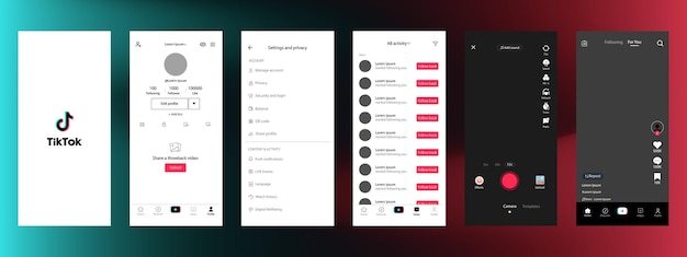 Diseño de Tik Tok Pantalla de Tik Tok Redes sociales Plantilla de interfaz de red social Suscripción de recomendaciones de página de inicio Marco de fotos Historias que gustan captura de pantalla Ilustración editorial