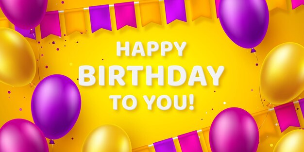 Diseño tipográfico de feliz cumpleaños con globos púrpuras y amarillos con banderas y confeti Plantilla para banner de felicitación o tarjeta Ilustración vectorial